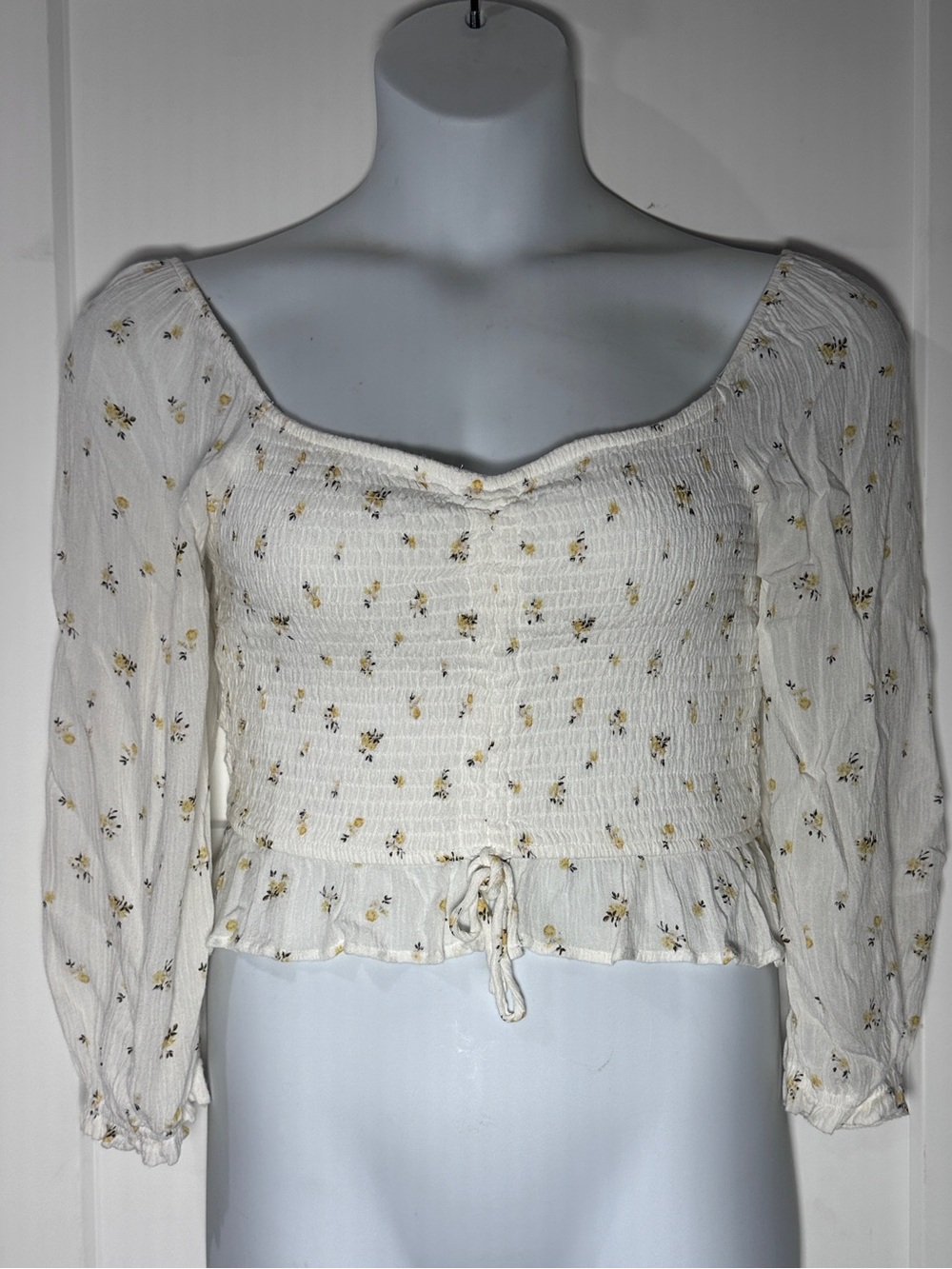 Hollister Ivory Smocked Floral Long-Sleeve Peasant Crop Top